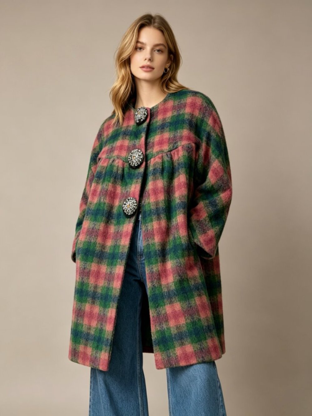 Manoush Women's Wool Blend Plaid Pea Coat Pocket Beaded Buttons Green Pink Sz 2